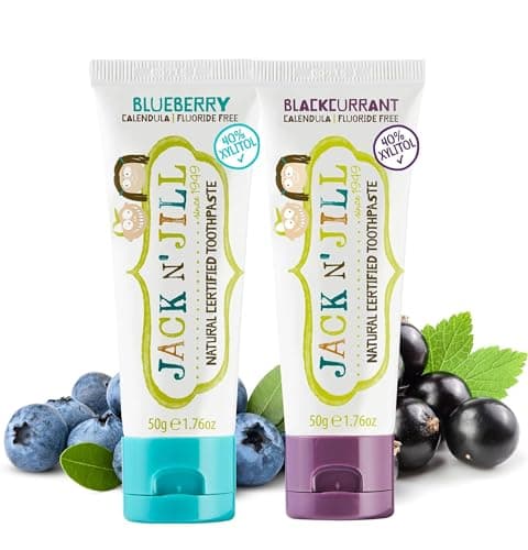 Image of Jack N’ Jill Natural Certified Kids Toothpaste – Fluoride-Free Toddler & Baby Toothpaste with 40% Xylitol, No Sugar, Suitable from 6 Months+, Blackcurrant & Blueberry Flavour, Pack of 2 (50g Each)