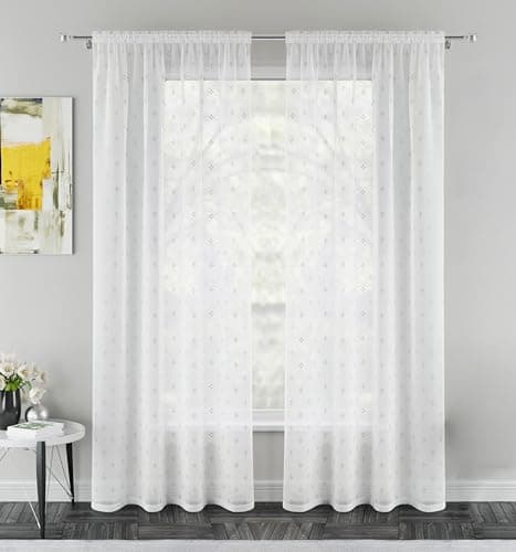 Image of Tyrone Textiles Pair of Destiny Silver Metallic DIamond Print Sheer Voile Panels 183 CM with Rod Pocket Header