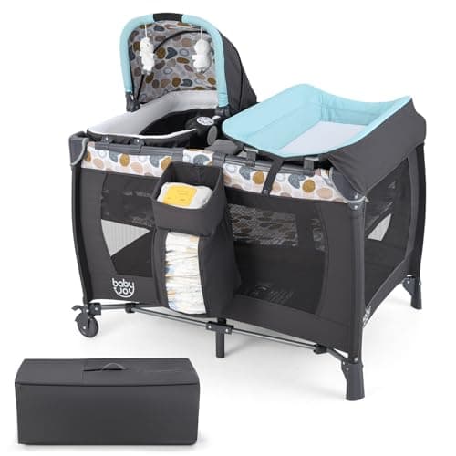 Image of COSTWAY 5 in 1 Travel Cot, Portable Baby Crib Bassinet with Diaper Changing Table, Mattress, Hanging Toys, Music Box & Carry Bag, Folding Infant Playard from Newborn (Blue+Black)