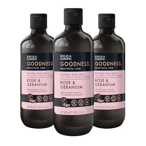Image of Baylis & Harding Goodness Rose & Geranium Natural Body Wash, 500 ml (Pack of 3) - Vegan Friendly
