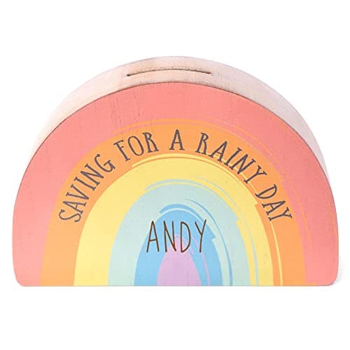 Image of Personalised Babies First Money Box Wooden Engraved Money Box Frame Rainbow Saving For A Rainy Day Wooden Money Savings Box Bank for Babies Newborn Gift Kids Piggy Bank For Babies