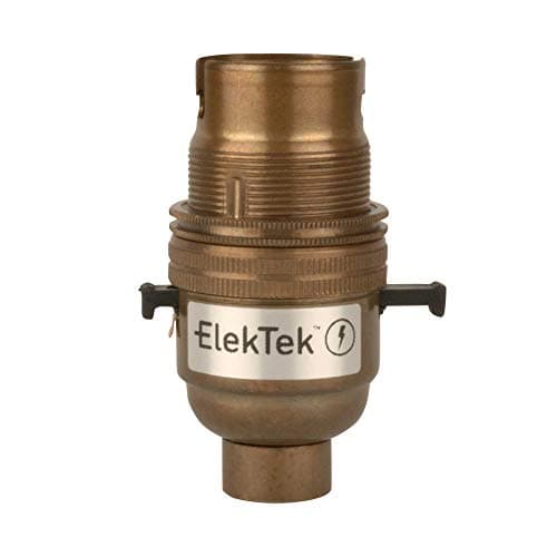 Image of ElekTek Safety Switch Lamp Bulb Holder B22 BC Bayonet Cap & Shade Ring 10mm/M10x1 Threaded Bottom Entry Antique Brass Made in UK - Child Safe Switch Push Bar locks OFF & cuts power when no bulb fitted