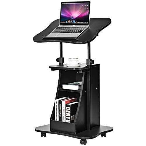 Image of COSTWAY Mobile Laptop Table, Height Adjustable Sit Stand Desk Podium Stand Presentation Cart with Wheels, Shelves and Storage Cabinet, Home Office PC Computer Workstation (Black, 55 x 40 x 71-120cm)