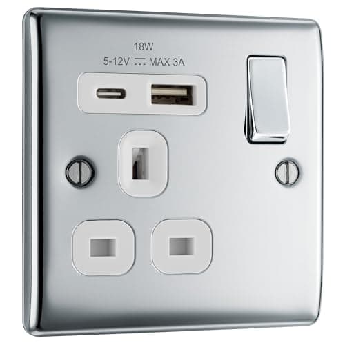 Image of BG Electrical 18W Single Switched Power Plug Wall Socket with Type A USB and Type C USB Charging Ports, Fast Charge, Round Edges, Nexus Metal, Polished Chrome, White Inserts,13A, NPC21UAC18W