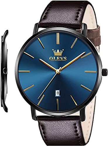 Image of OLEVS Mens Wrist Watches Ultra Thin 6.5mm Minimalist Leather Blue Dial Watch Business Dress Waterproof Date Slim Watches for Men