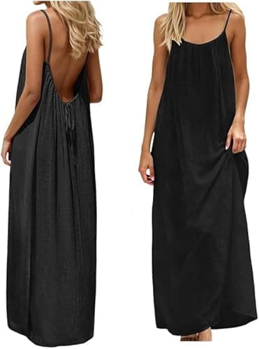 Image of Backless Cami Dress for Women Summer 2026 Sleeveless Long Maxi Casual Sundress Ladies Flowy Open Back Lounge Dresses for Holiday Beach Vacation Back Tie House Dress in Solid Color (XXL, Black)