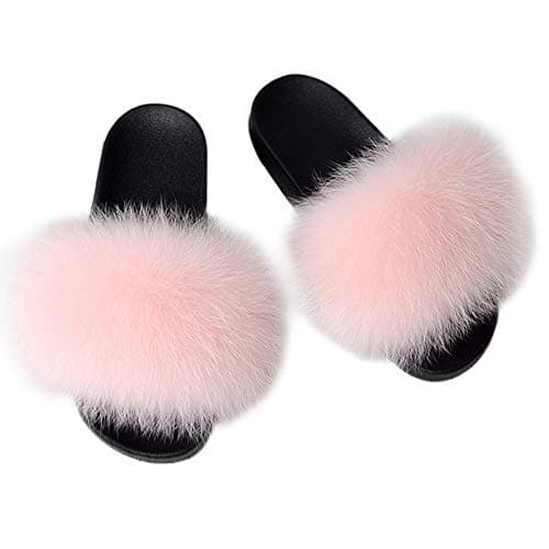 Image of MAGIMODAC Faux Fur Slider Fluffy Slippers Women Open Toe Anti Slip Flat Shoes Sandals for Indoor Outdoor Pink
