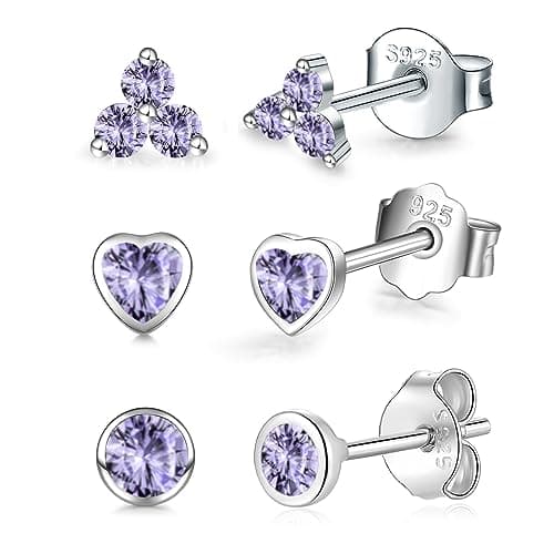 Image of Sterling Silver Studs Earrings Set for Women Men, 3 Pairs Hypoallergenic Flower Heart Round Purple Cubic Zirconia Stud Cartilage Helix Studs for Multiple Piercing