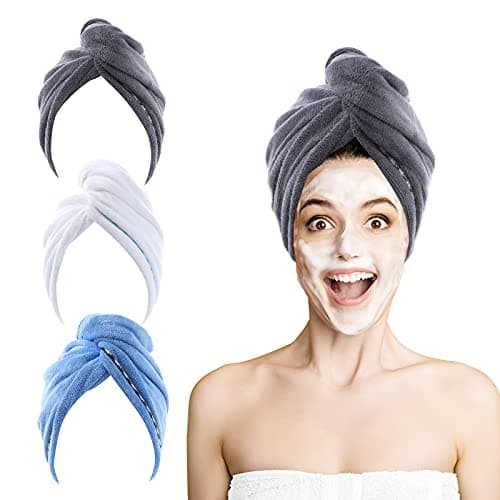 Image of ROSSHINE Microfibre Hair Towel Wrap, 3 Pack Hair Towel Turban 65x25 cm, Ultra Absorbent Hair Wrap Towel, Anti Frizz Quick Dry Head Towel for Women, Girls, Curly, Wet, Long, Short, Thick Hair