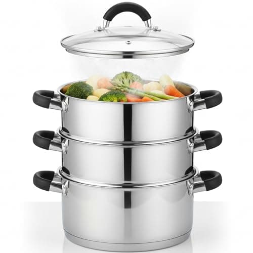 Image of UNIQUE CARFTS 3 Tier Stainless Steel Steamer Pan | Durable Vegetable Steam Cooker Pots with Glass Lid, Vent & Twin Handles | Suitable for All Hobs Inc Induction | Dishwasher Safe | 22CM (20cm)