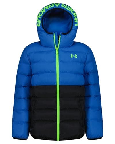 Image of Under Armour Boys Water-Resistant Pronto Colourblock Puffer Jacket with UA Storm Technology – Lightweight Hooded Winter Coat with Snap Pockets, 12 Years to 13 Years, Blue Atlantis