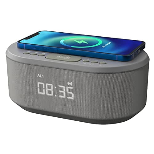 Image of i-box Bedside Wireless Charging Non Ticking Radio Alarm Clock with Dimmable LED Display - Mains Powered Dual Alarm Clock with USB Charger and Bluetooth Speaker, Grey