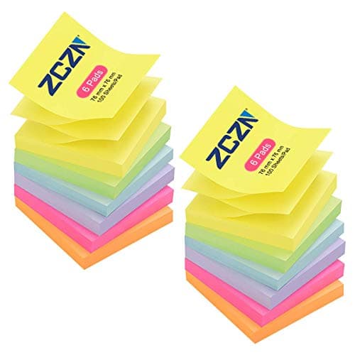 Image of ZCZN Pop-up Sticky Notes 76 x 76 mm, 12 Pads Assorted Colours Self-Stick Z Notes, 100 Sheets/Pad, (Yellow,Light Green,Light Purple,Rose Red,Orange,Light Blue)