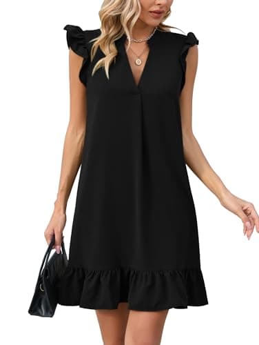 Image of Famulily Ladies Plus Size Dresses Summer Deep V-Neck Cap Sleeve Ruffle Hem Smock Mini Dress Black S
