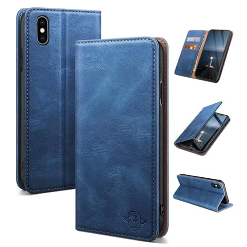 Image of SUANDUCK for iPhone X/XS 5.8" mobile phone case magnetic leather flip case with RFID-blocking card compartment, adjustable stand and 360° drop protection with Apple X/XS Light Blue