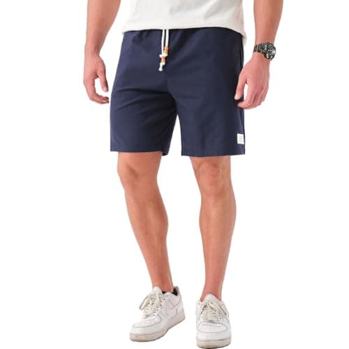 Image of JustSun Mens Shorts UK Linen Shorts with Pockets Casual Summer Elasticated Waist Blue M