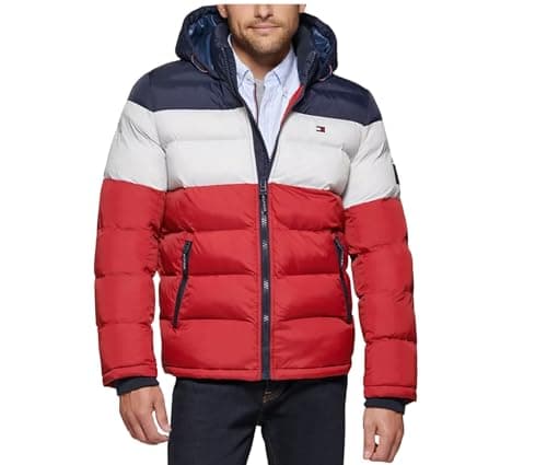 Image of Tommy Hilfiger Men's Hooded Puffer Jacket Down Outerwear Coat, Midnight/White/Red, XL
