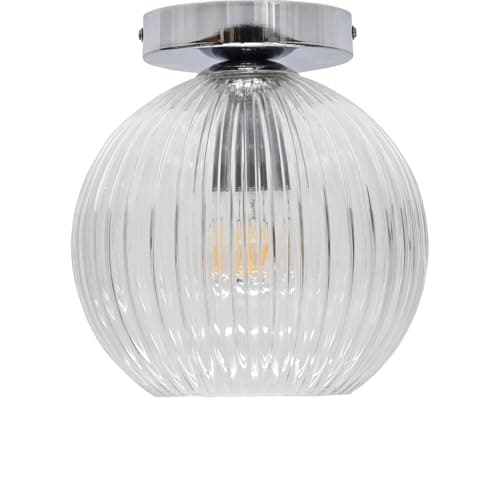 Image of firstchoicelighting Ribbed Glass Globe Ceiling Light Flush Fitting with Chrome Detail, Modern Low Ceiling Lighting
