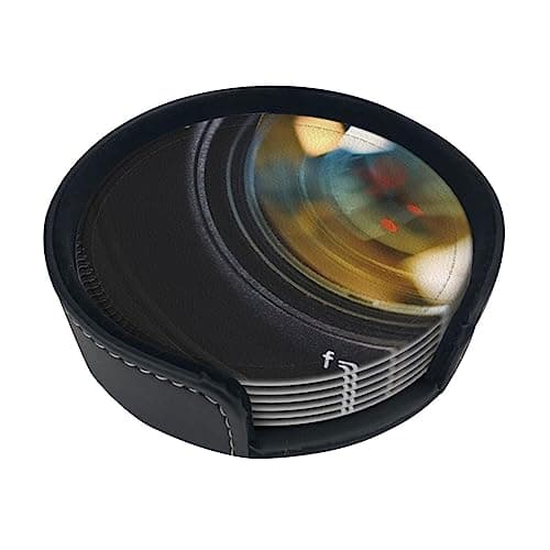 Image of Camera Lens Leather Coasters Set Of 6 With Holder For Women Men For Various Cups, Tables & Home Decor, 4 In