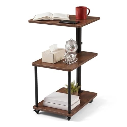 Image of Bingyouth Side Table with Wheels, Adjustable Sofa Table with 360° Swivel Top, 3 Tier Small End Table for Living Room and Bedroom, Mobile Bedside Table with Storage, Walnut