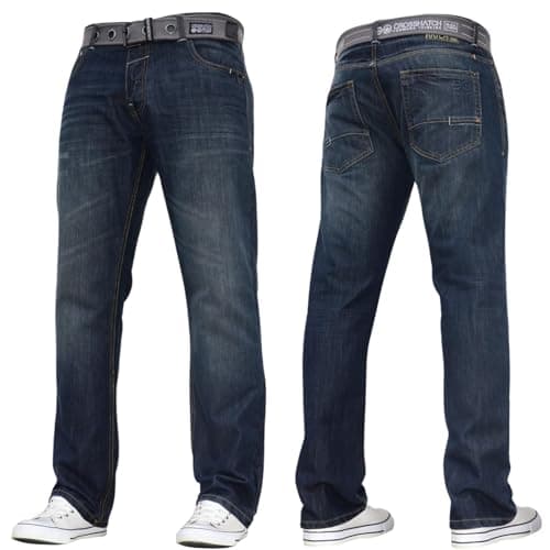 Image of Crosshatch Mens Stretch Straight Leg Jeans Trousers Free Belt Stylish Fashion Branded Denim by JEANBASE Dark Wash 34W X 32L