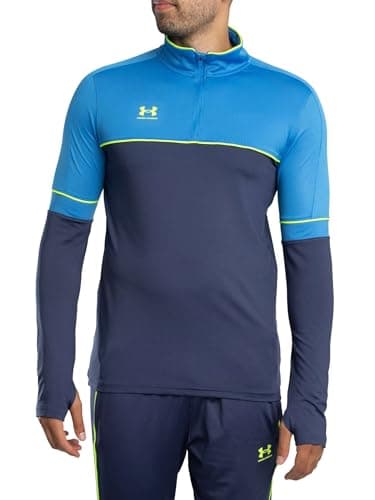 Image of Under Armour Men's Challenger Training Quarter Zip, Tough, Lightweight and Breathable Tracksuit Top for Sports and Athletics, Men's Quarter-Zip Top with Thumbholes,Washed Navy / / High Vis Yellow,LG