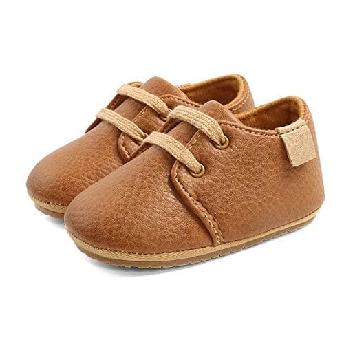 Image of LACOFIA Baby Boys Lace-up Oxford Sneakers Infant Anti-Slip First Walking Shoes Brown 12-18 Months