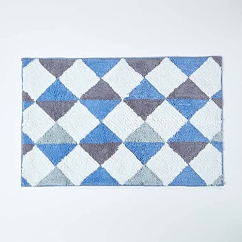 Image of HOMESCAPES Super Absorbent Soft ‘Harelquin’ Blue, Grey and White 100% Cotton Bathmat with Plush Diamond Geometric Pattern and Non Slip Latex Backing, 50x80cm Large Shower Mat Machine Washable