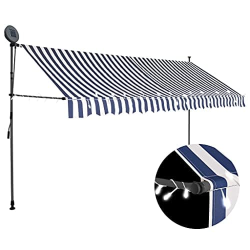Image of vidaXL Manual Retractable Awning with LED Water and Dirt Repellent Terrace Balcony Garden Outdoor Folding Arm Awning Canopy 350cm Blue and White
