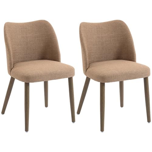 Image of HOMCOM Dining Chairs Set of 2, Modern Linen Upholstered Kitchen Chairs with Padded Seat, Curved Backrest, Rubberwood Legs for Dining Room, Bedroom, Living Room, Easy Assembly, Brown