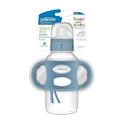Image of Dr. Brown's Milestones Wide-Neck Sippy Bottle with 100 Percent Silicone Handles, Easy-Grip Bottle with Soft Sippy Spout, 9oz/270ml, 6m+, Light Blue, 1-Pack, BPA Free