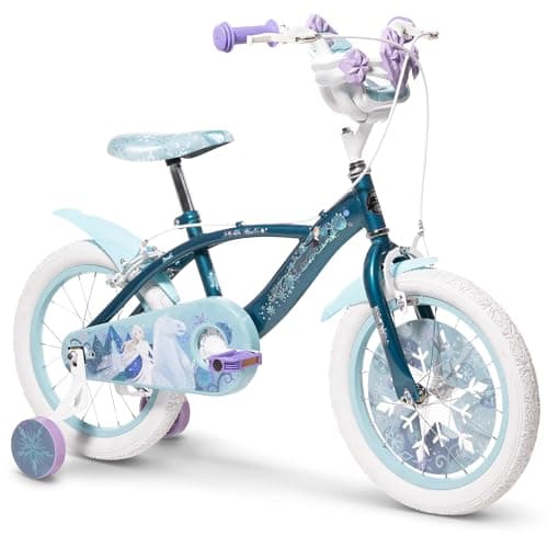Image of Huffy Disney Frozen 16" Kids’ Bike, Doll Carrier, Removable Stabilisers, Bell, Front and Rear Mudguards, Enclosed Chain, Girls’ Bicycle for Ages 4-6, Sparkling Ice Blue Design