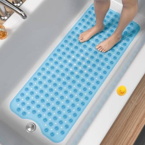 Image of HITSLAM Non Slip Bath Mat for Tub, 101 x 40cm Extra Long Shower Mat Anti Mould, Machine Washable Bathroom Bathtub Mat with Suction Cups and Drain Holes, Soft on Feet, Clear Blue