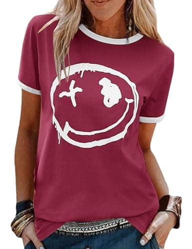 Image of heekpek Women's T-Shirts Crew Neck Ladies Short Sleeve T Shirts Summer Tops Graphic Printed Tee Casual Cotton Tshirts, Wine red, L