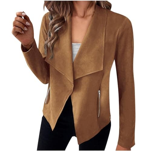 Image of TANMESSO Women's 2024 Long Sleeve Open Front Cropped Faux Suede Jackets (Light Brown,M,M,Regular,Regular)