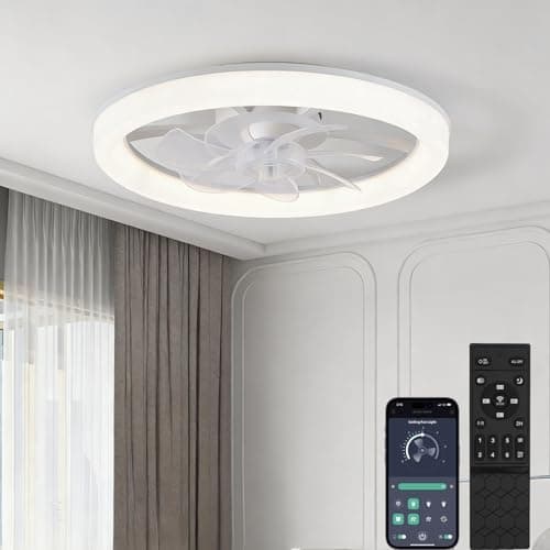 Image of LEONTYNE Smart Ceiling Fans with Lights,6 Speeds Quiet & Reversible,App & Remote Control,3000K-6000K Dimmable LED,Low Profile Ceiling Fan Light for Bedroom Living Room Kitchen,White,45cm