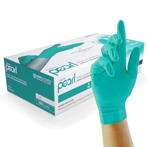 Image of Unigloves Green Pearl Nitrile Examination Gloves - Multipurpose, Powder Free and Latex Free Disposable Gloves - Box of 100 Gloves, Green, Small (GP0042)