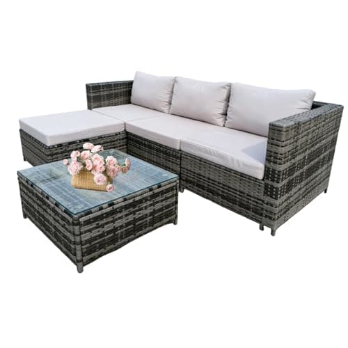 Image of GadgetHaven Garden Corner Sofa Furniture, 4-Seater All-Weather Rattan Corner Sofa Set w/Tempered Glass Coffee Table,Ottoman - L-Shaped Patio Garden Furniture (Grey Rattan+Light Grey Cushion)-YXL-2