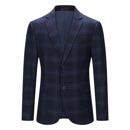 Image of YOUTHUP Mens Check Blazer 2 Buttons Casual Business Slim Fit Suit Jacket Vintage Plaid Formal Jackets, Blue-38, L