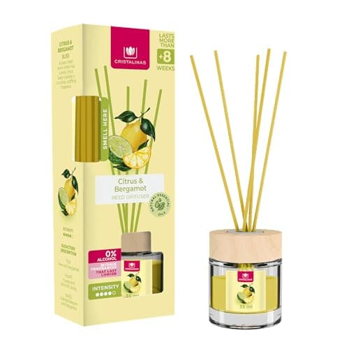 Image of Cristalinas 35ml Citrus & Bergamot Air Fresheners - Reed Diffuser Home Fragrance Lasts upto 8 weeks - Room Diffuser Sticks with Coloured Fragrance Oil
