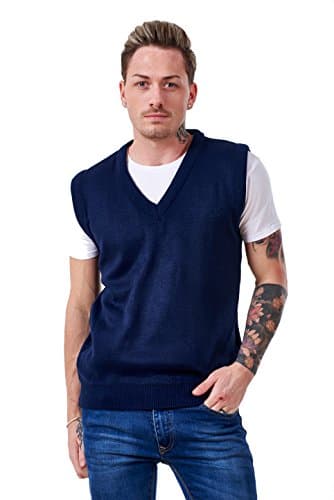 Image of Malay Men’s Plain Knitted V Neck Classic Sleeveless Cardigans Tops Tank Jumpers Size S to 5XL (Large, Navy)