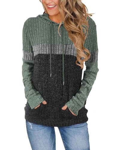 Image of Gemulate Hoodies for Women Casual Long Sleeve Sweatshirts V Neck Jumpers for Ladies Casual Fall Winter Tops Ladies Ribbed Knit Sweatshirts Womens Evening Tops ArmyGreen and Grey XXL
