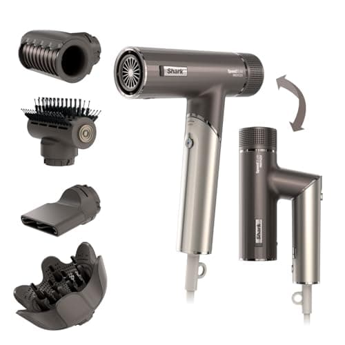 Image of Shark SpeedStyle Pro FLEX Hair Dryer, High Performance High-Velocity Hair-Dryer w/ 4 Styling Attachments, Lightweight, Ionic, No Heat Damage, Folding Handle, For All Hair Types, Mocha Silver HD542UK