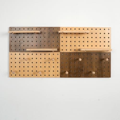 Image of UMICAL Brown & Beige Wood Pegboard Modular Display Wooden Pegboard Combination Wall Organizer Storage Wall Hooks Shelf for Home, Office, Bathroom, Comes with 4 Pieces Pegboards