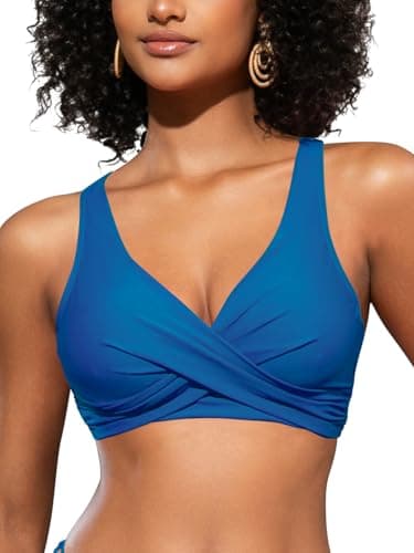 Image of SHEKINI Women's Bikini Tops V Neck Criss Cross Push Up Big Bust Wired Swimwear Top Tie Back Swim Top for Women UK Bikini Top Only, Blue, L