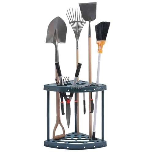 Image of Optimal Products Plastic Heavy Duty Mobile Weatherproof Garden Corner Tool Storage Rack - Lightweight Portable Caddy - Free Standing Unit Tidy Organiser For 18 Garden Tools Multiple Pouches