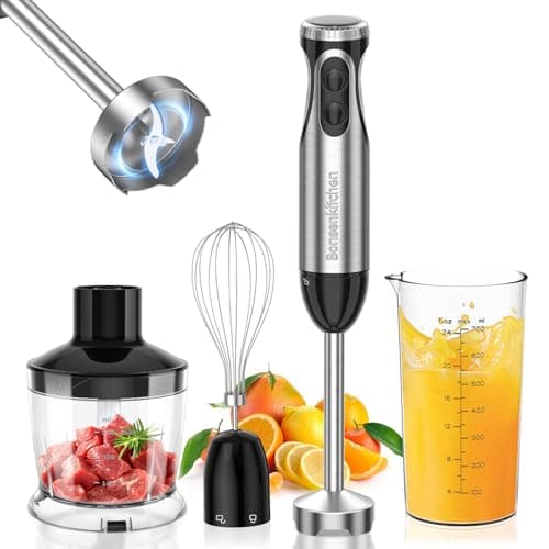 Image of Bonsenkitchen Stainless Steel Hand Blender, 4-in-1 Stick Blender 1000W, 20 Speed Adjustable, with Whisk, 500ml Chopper and 700ml Measuring Cup, Food Processor (HB3203)