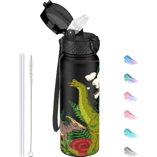 Image of GOPPUS 600ml/20oz Stainless Water Bottle with Straw Double Wall Insulated Bottles with Strap One Hand Open Vacuum Thermal Flask Leakproof Keep Cold Bottles with Flip Top Lid BPA Free (Black Dinosaur)