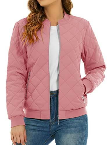 Image of TACVASEN Quilted Jacket for Women Casual Bomber Jacket Diamond Quilted Work Jacket with Zip Pocket Tactical Jacket,Grey Pink,M
