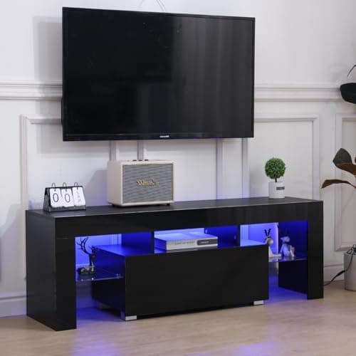 Image of Rainbow Tree 130cm High Gloss TV Stand Cabinet With LED Lights Up to 65in TV, Modern TV Unit with Shelves and Drawers Large Storage TV Cabinet for Living Room Bedroom Black